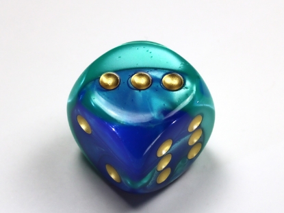 Gemini Blue-Teal/gold 30mm d6 dice w/pips