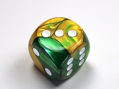 Gemini Gold-Green/white 30mm d6 dice w/pips