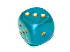 Borealis Teal/gold Luminary 30mm d6 dice w/pips