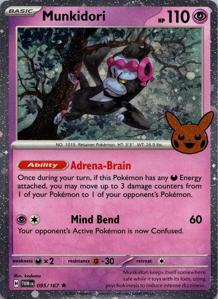 rare pokemon trick or trade cards Munkidori (Cosmos Holo) - 095/167 - Holo (Trick 2024) - » Pokemon Singles » or Trade BOOster Bundles » Trick or Trade BOOster Bundle 2024 056/198 / Uncommon Card Type / HP / Stage Trick or Trade 2024 card