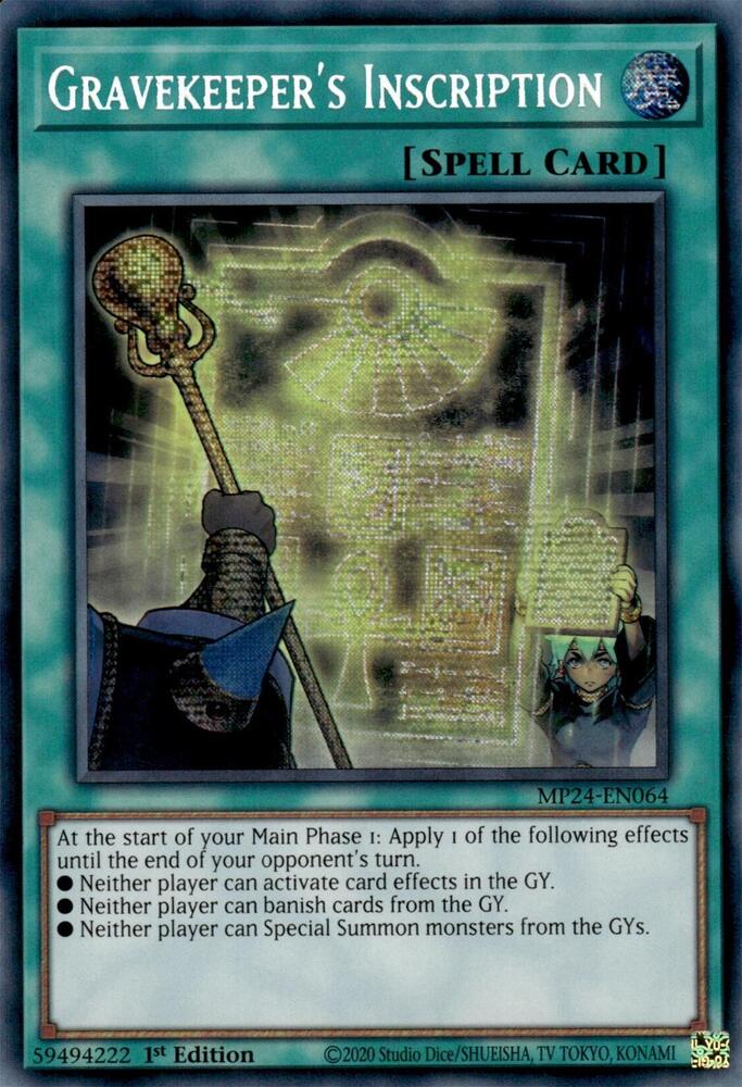 Gravekeepers Inscription - MP24-EN064 - Prismatic Secret Rare - 1st Edition Gravekeepers Inscription - MP24-EN064 - Prismatic Secret Rare - 1st Edition