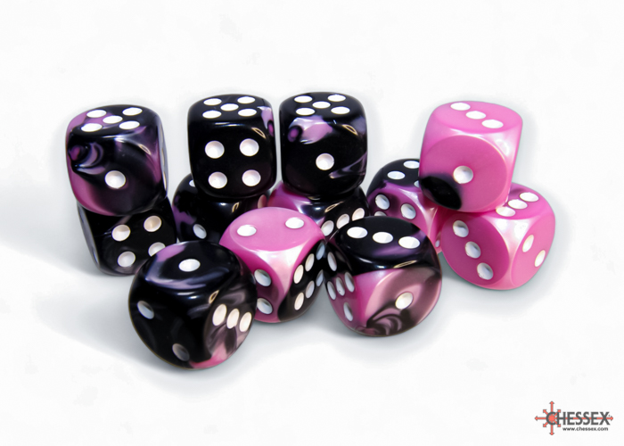 16mm 12-Die d6 Set Black-White/Pink