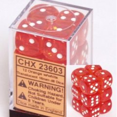 12 Orange w/white Transluent 16mm D6 Dice Block - CHX23603