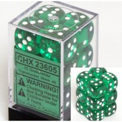 12 Green w/white Translucent 16mm D6 Dice Block - CHX23605