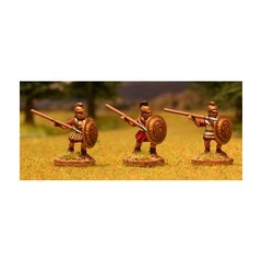 Libyan spearmen 3. Attacking, linen armour, crested helmet, hoplite shield (150703-0049)